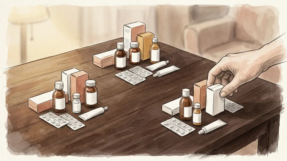 Step 3 of 15: Split the pile into current, occasional and finished. Medicine boxes and bottles arranged into three separate clusters on a wooden table, a hand placing one box into the nearest group.