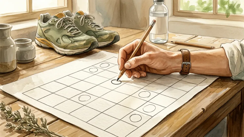 Step 5 of 15: Place training sessions in your week. A hand marking circles on a calendar beside running shoes and a water bottle