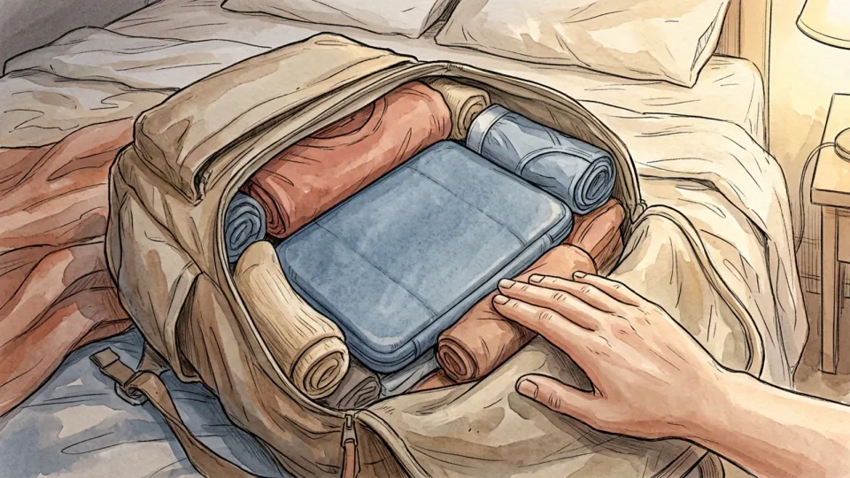 Step 11 of 15: Put one change of clothes in, even on a short trip. Rolled t-shirt, socks and underwear tucked into the gaps around a laptop sleeve inside an open backpack on a bed.