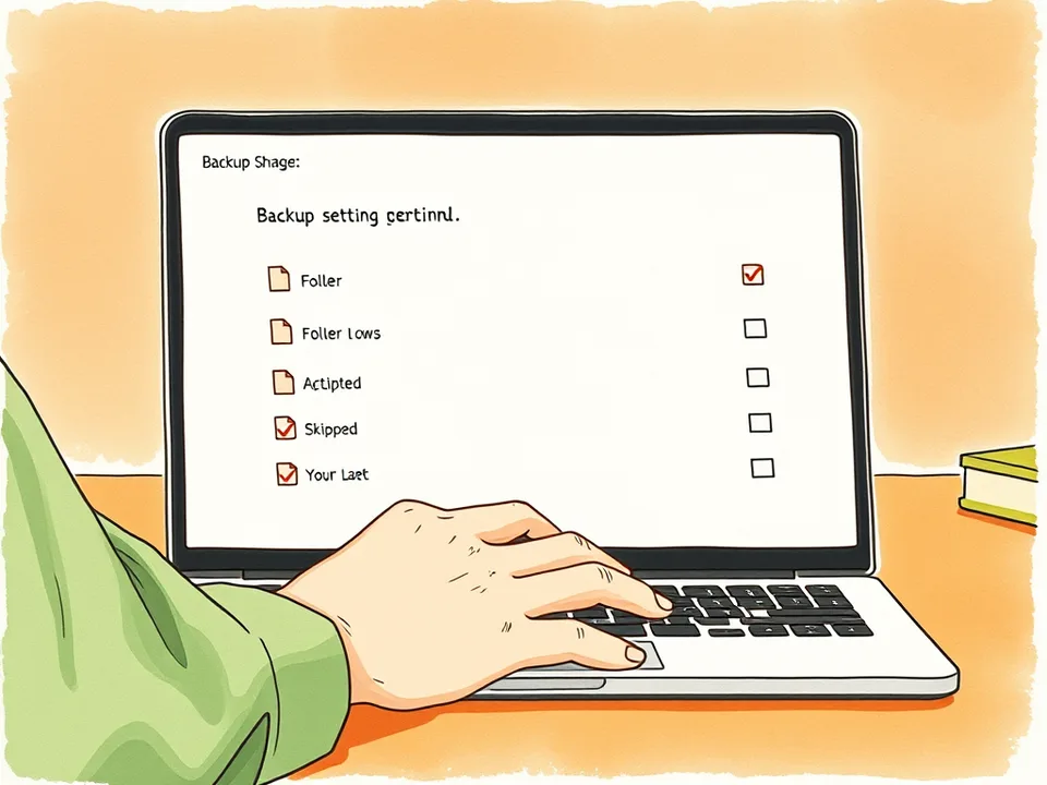 Step 5 of 15: Decide what to leave out. A backup settings window on a laptop with several folders marked to be skipped, shown as simple abstract rows