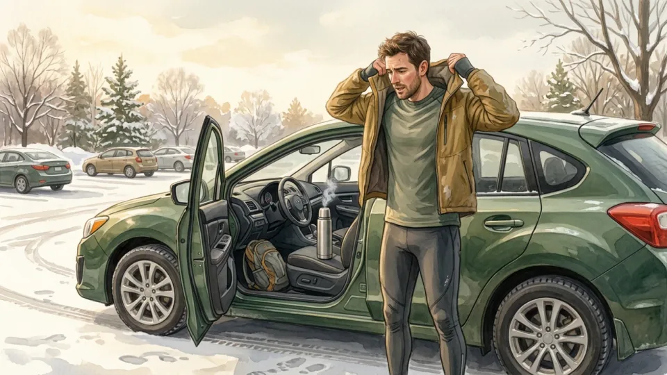 Step 10 of 12: Change out of wet layers promptly. A runner adjusting an outer jacket beside an open car door in a snowy parking lot, with a steaming thermos on the seat