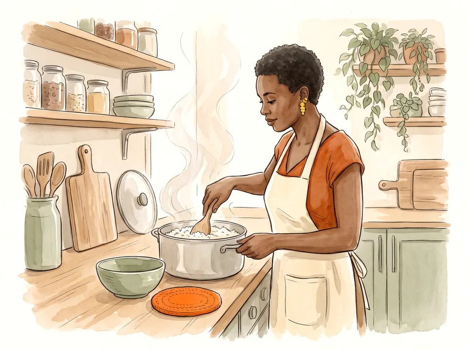 Step 6 of 12: Add the rice and stir once. A cook giving a pot of rice a single stir with a wooden paddle