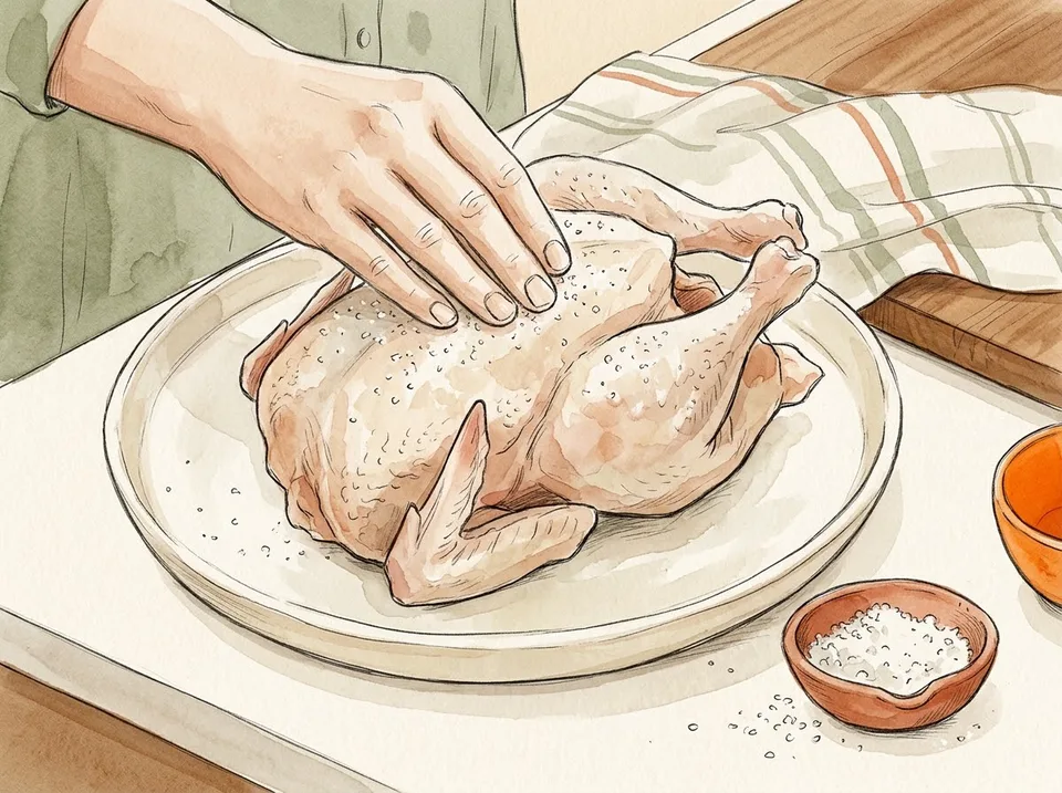 Step 4 of 15: Salt it early or dry-brine overnight. A hand rubbing salt over the skin of a raw chicken on a plate, a small dish of salt beside it
