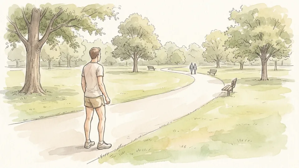 Step 4 of 15: Pick a simple, safe route. A runner looking along a quiet looped park path with benches and open grass