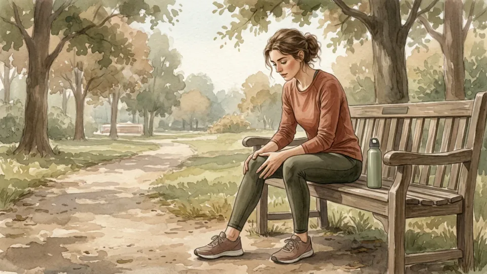 Step 11 of 15: Respond to pain or unusual symptoms. A person sitting on a park bench and resting a hand on one knee