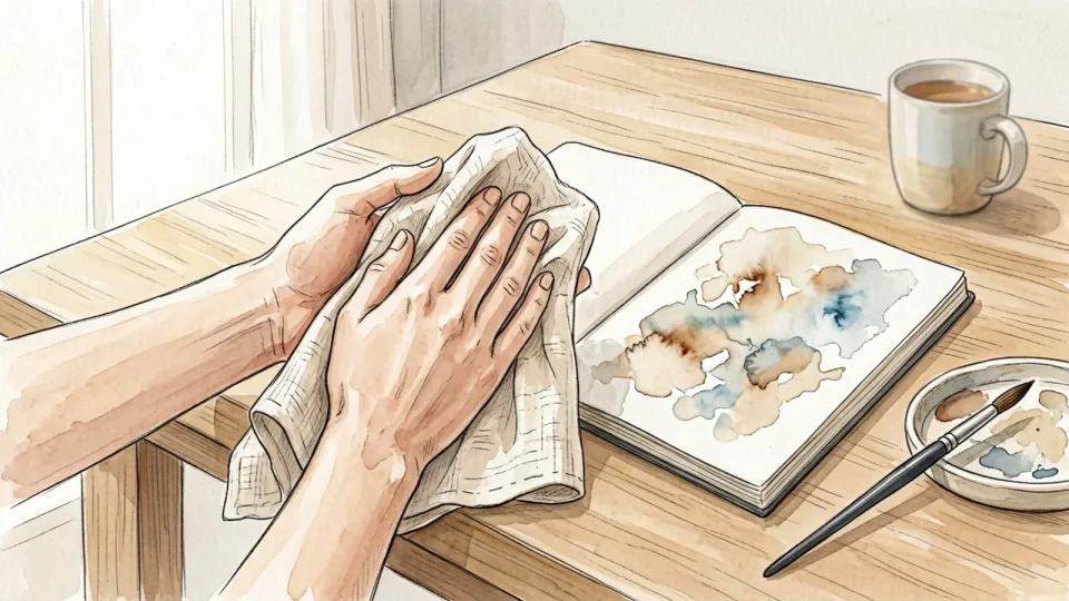 Step 14 of 15: Keep hands and page clean. Hands being dried on a folded cloth beside an open sketchbook, a mug of tea standing well back on the far side of the table.