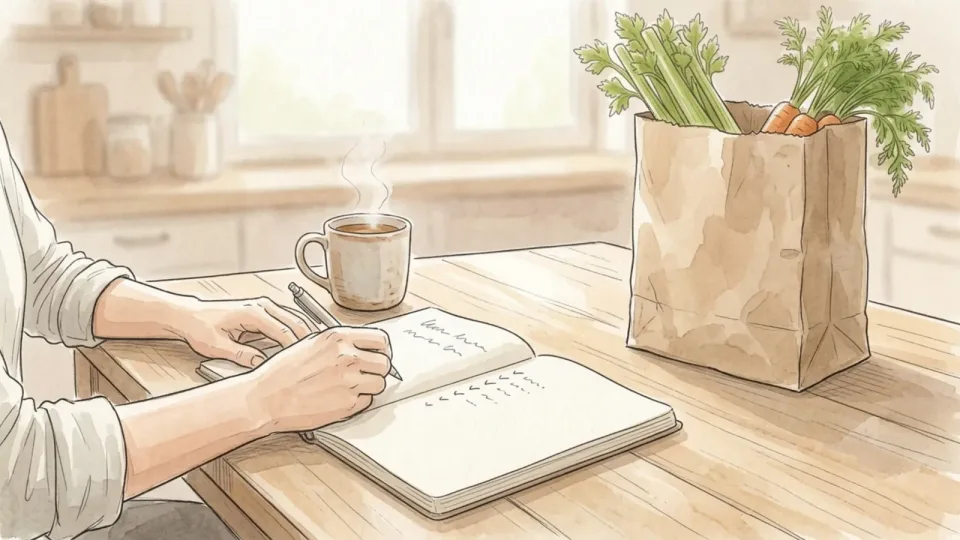 Step 1 of 15: Count the meals you will genuinely eat. A person at a kitchen table writing in an open notebook beside a mug, with a paper bag of vegetables at the edge of the table.
