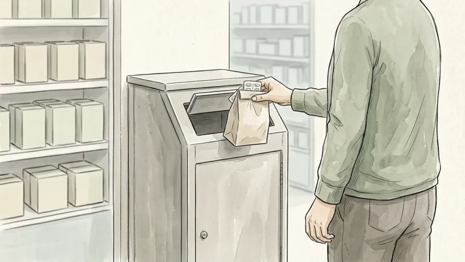 Step 13 of 15: Take the finished pile to a drug take-back point. A person posting a small paper bag of medicine packets into a tall drop-off bin inside a pharmacy, shelving visible behind.
