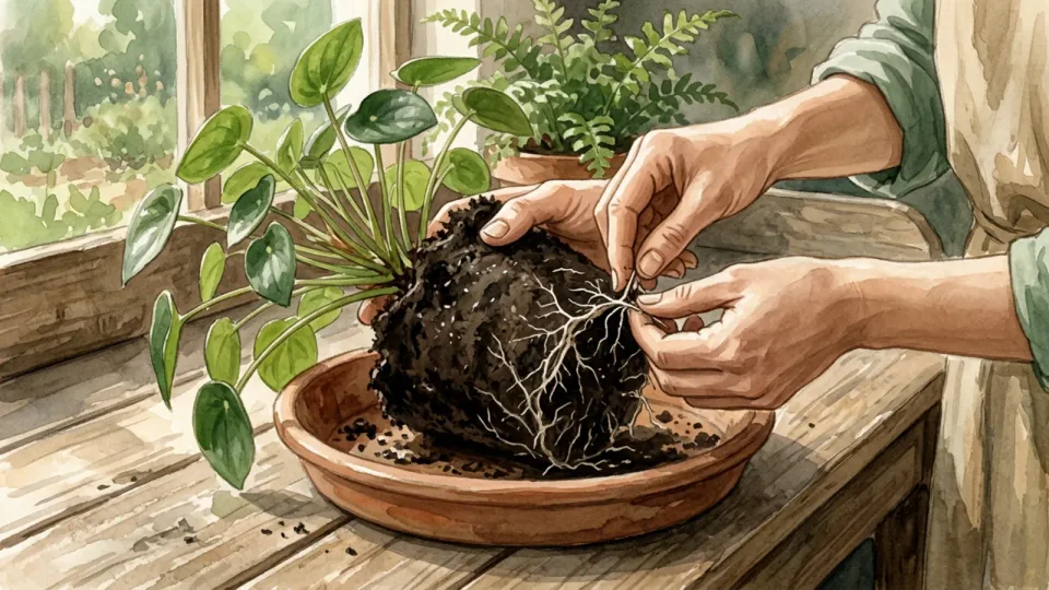 Step 10 of 15: Loosen crowded roots gently. Fingers gently loosening roots at the edge of a compact houseplant root ball.