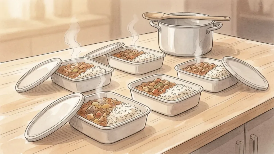 Step 9 of 15: Divide hot food into shallow containers. Several shallow containers of stew and rice spread across a worktop with steam rising, their lids resting beside them.