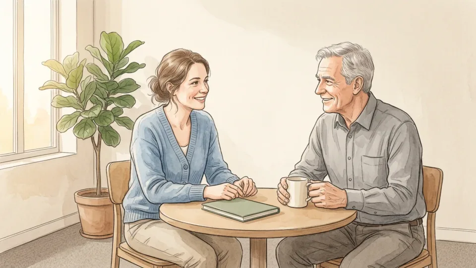 Step 12 of 15: Open with a check-in and one good thing. Two colleagues sitting at a small round table and smiling at the start of a conversation, one holding a mug, with a closed green notebook between them and a tall plant by the window.