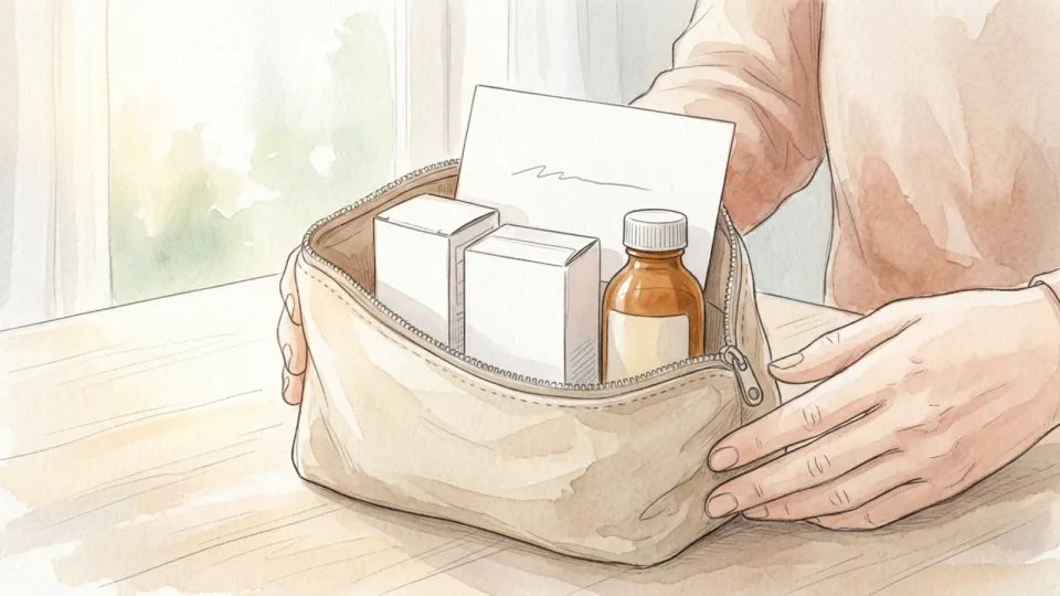 Step 6 of 15: Keep medication separate and tell the officer about it. Two hands holding open a small fabric pouch containing two medicine cartons and an amber bottle standing upright, with a plain white card tucked behind them.