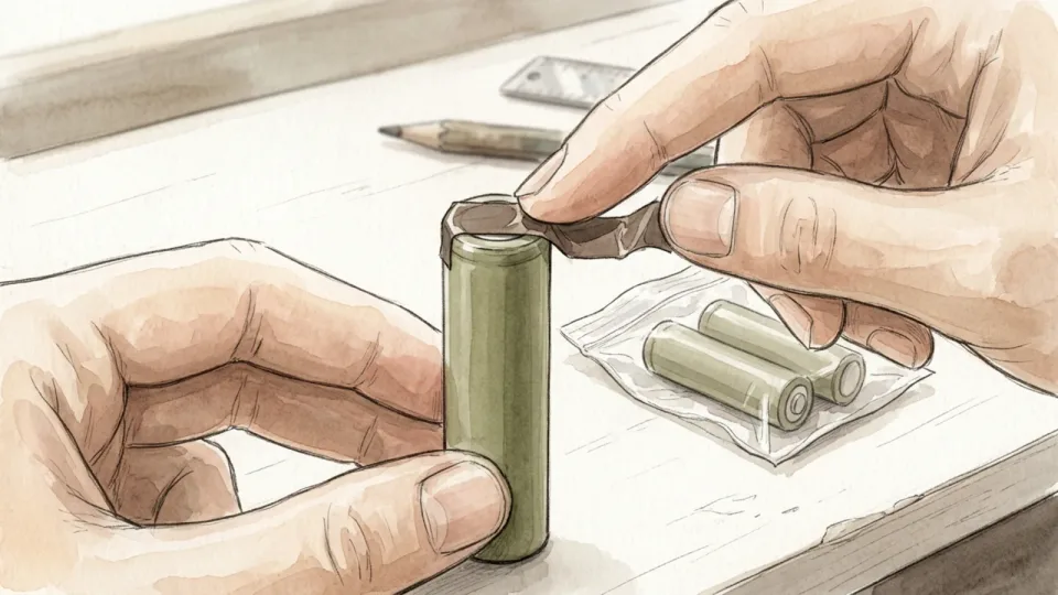 Step 8 of 15: Protect the battery terminals so nothing can short. Fingers pressing a small piece of tape over the end of a cylindrical battery, two more batteries in a clear pouch beside them.