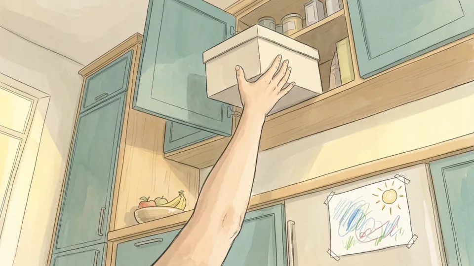 Step 10 of 15: Put the whole lot up high and out of sight. An arm reaching high to slide a plain lidded box onto the top shelf of a kitchen cupboard, with a child's crayon drawing taped to a cupboard door low on the right.