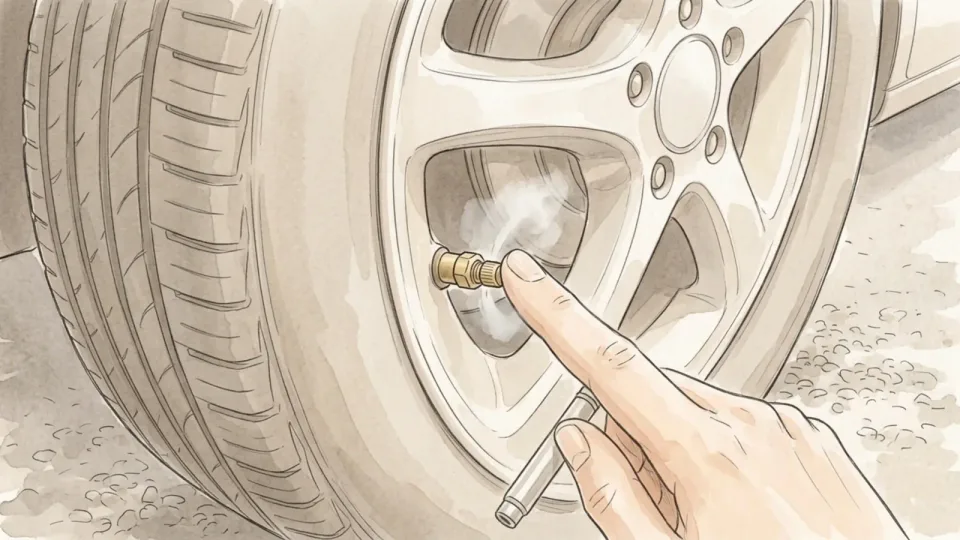 Step 10 of 15: Let air out of anything reading high. A fingertip pressing the centre pin of a tire valve with the back edge of a gauge, a faint blur of escaping air around the stem.
