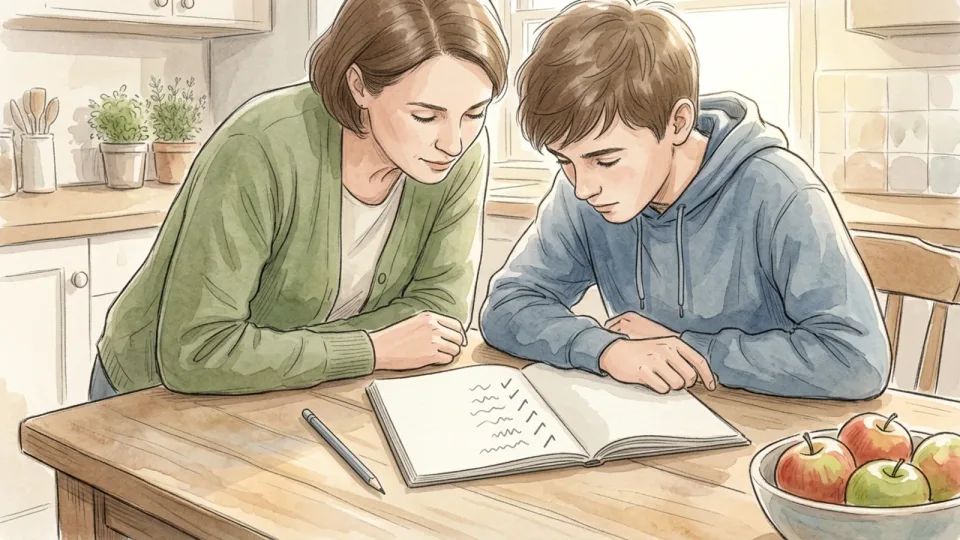 Step 14 of 15: Check last week's decisions at the start of the next one. A mother and her teenage son leaning over an open notebook on a kitchen table, a column of ticks down the page and a pencil lying beside it.