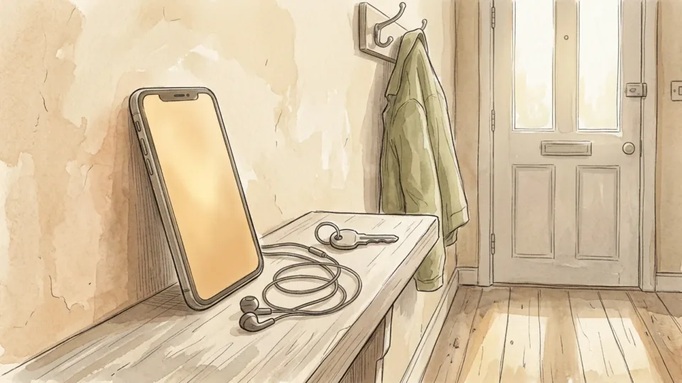Step 7 of 15: Set a timing method you do not have to watch. A phone propped on a hallway shelf beside coiled earphones and a door key, ready before a timed session.