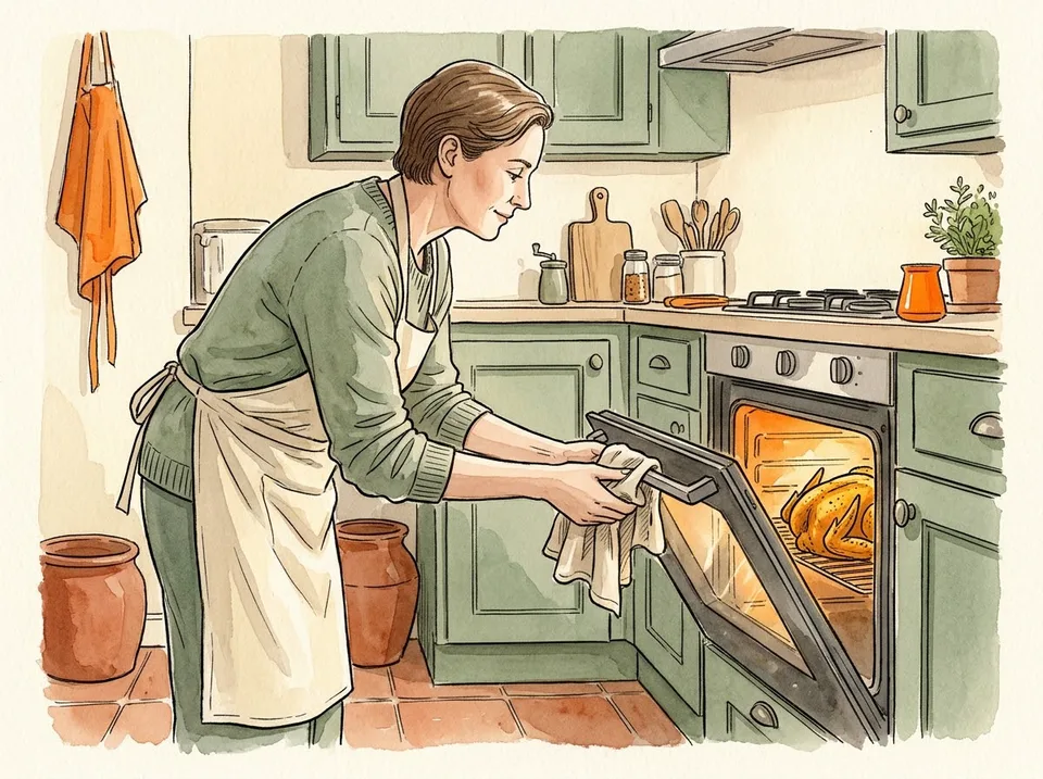 Step 10 of 15: Do not baste — keep the door closed. A person closing an oven door with a cloth, a roasting chicken visible inside, warm kitchen light