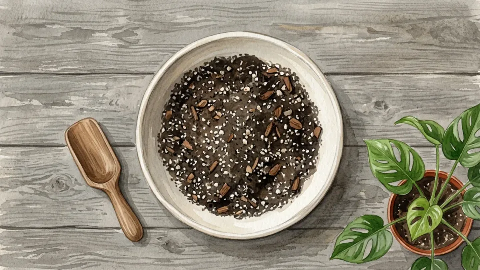 Step 6 of 15: Select a mix for the species. A small scoop next to a bowl of loose potting mix and an indoor plant, seen from above.