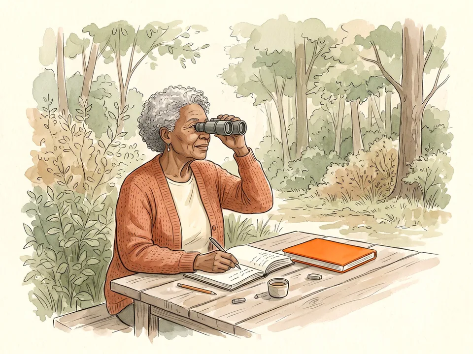 Step 7 of 12: Add notes about behaviour and sound. A woman watching a bird through binoculars and writing notes