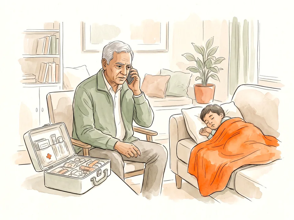 Step 12 of 12: Know when to call for help. A man calling for help beside an open first-aid kit and a child on a sofa