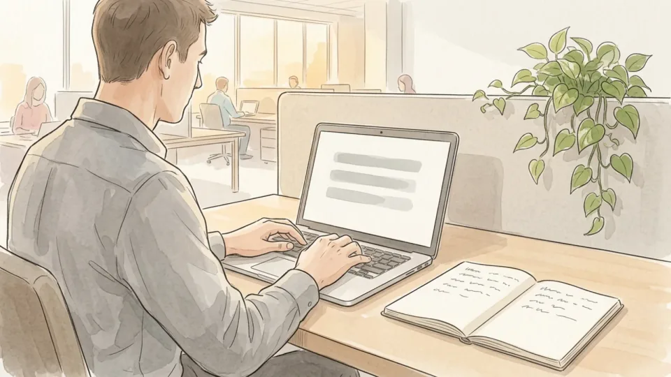 Step 15 of 15: Send a short recap and file it. A man back at his desk in an open-plan office typing a short message, the screen showing three soft grey bars, with his notebook open to a freshly written page beside the keyboard.