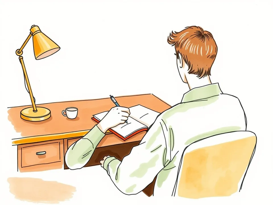 Step 1 of 12: Decide what you actually want from the conversation. A person writing one short sentence in a notebook to decide what they want from a conversation