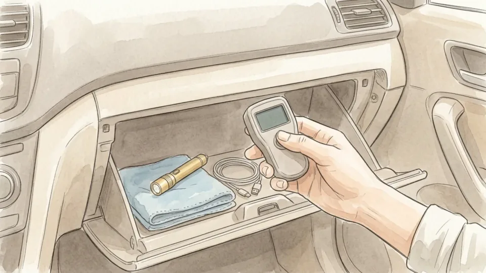 Step 4 of 15: Get a gauge you can actually read. A hand holding a small digital tire gauge above an open glovebox that contains a folded cloth and a torch.
