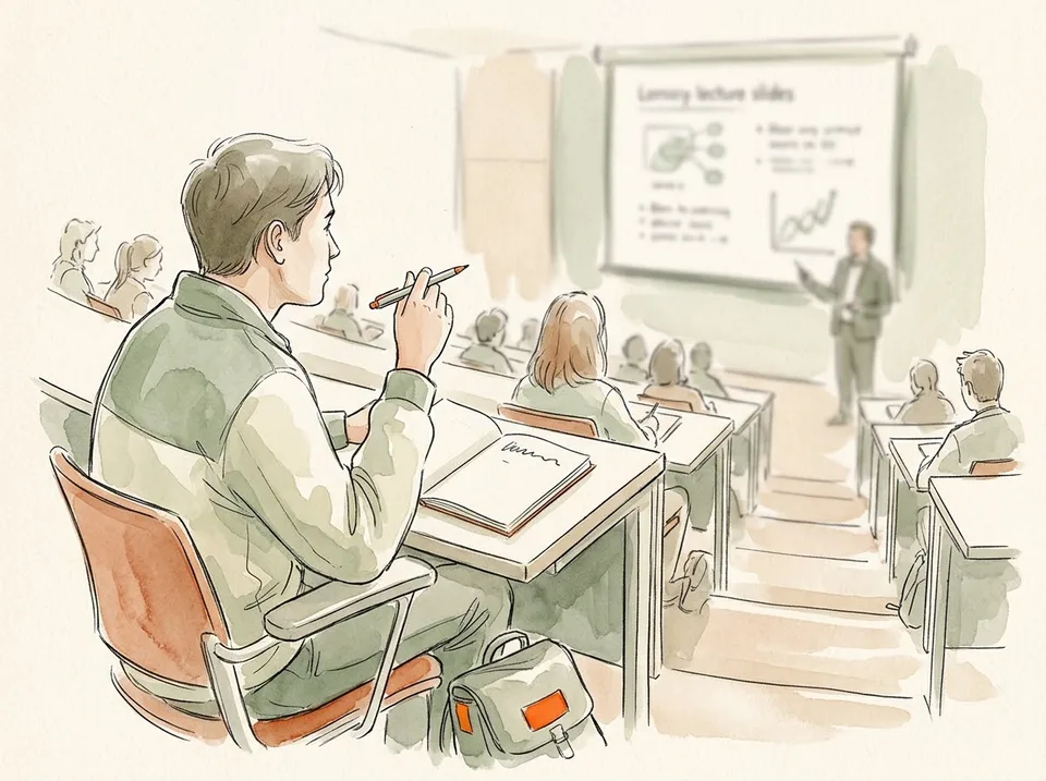 Step 6 of 15: Write the idea, not the sentence. A student listening with a pen raised, writing a short phrase in a notebook rather than a full sentence