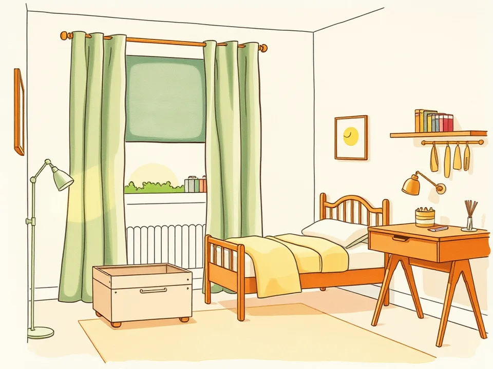 Step 5 of 15: Make the room dark, cool, and boring. A tidy nursery with blackout curtains closed, a low warm nightlight, and a toy box with the lid shut