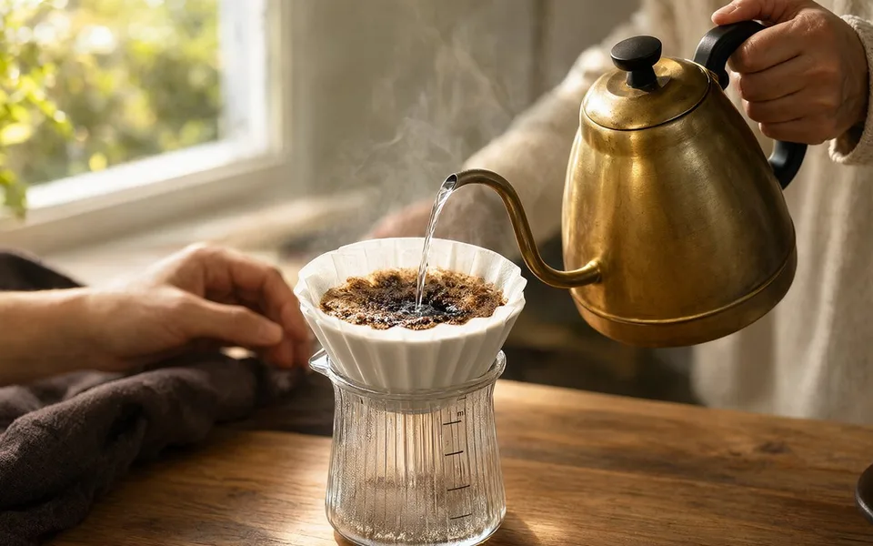 Hot water poured in slow circles over blooming coffee grounds