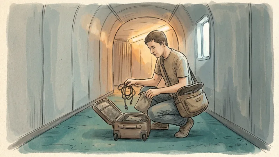 Step 9 of 15: Plan for the gate check before it happens. A traveller crouched at the end of a jet bridge lifting a charger and a pouch out of a wheeled cabin bag into a shoulder bag.