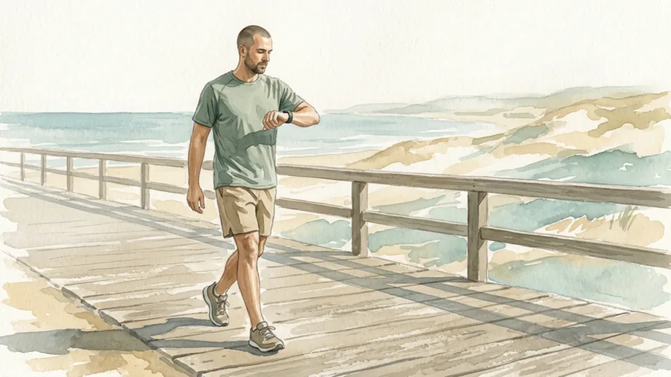 Step 9 of 15: Keep the walking recovery deliberate. A person walking at an easy pace on a seaside promenade while glancing at a plain sports watch