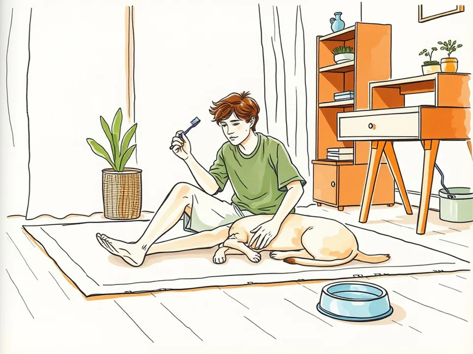 Step 3 of 12: Find a calm time and place. A person sitting on a rug beside a relaxed dog before brushing its teeth