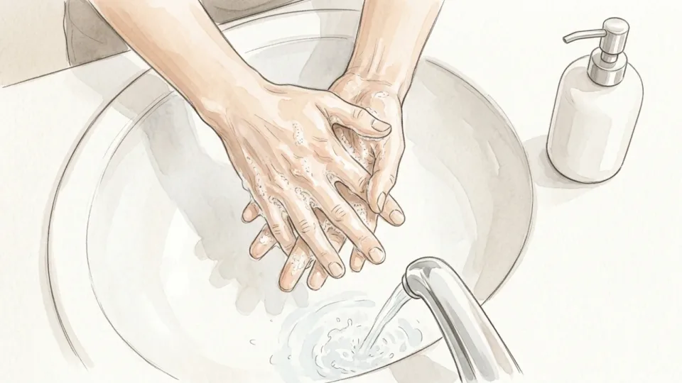 Step 3 of 15: Wash gently and completely. Close view of two soapy hands washing carefully between the fingers under a running tap, with a plain unmarked soap bottle at the side of the basin.