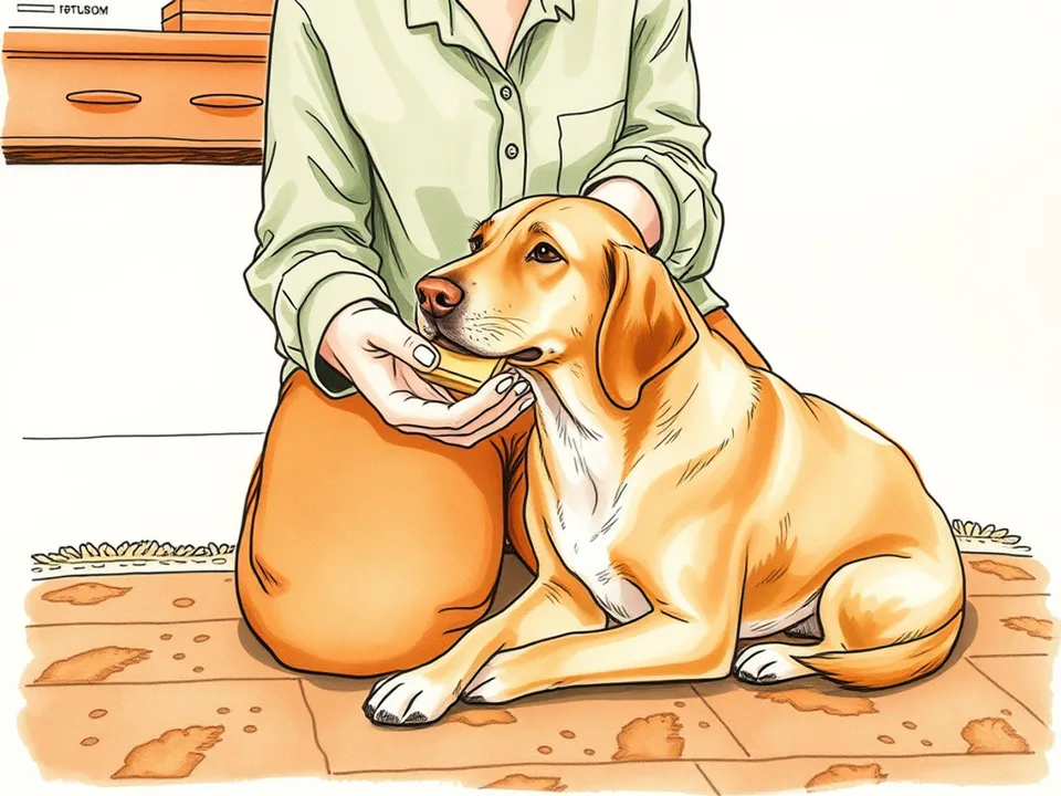 Step 4 of 12: Build touch tolerance first. A person resting a hand on a dog's muzzle to build tolerance before brushing