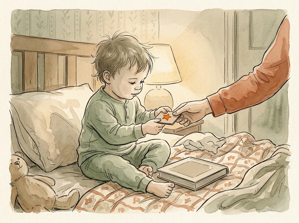 Step 9 of 15: Give one "one more" pass and mean it. A small cardboard token being handed to a toddler in bed, the child holding it in both hands
