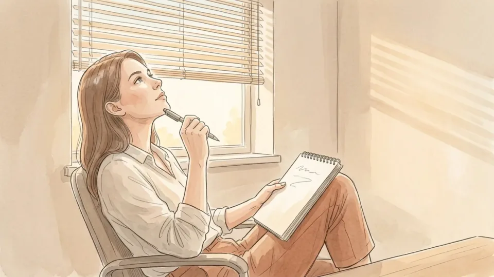 Step 7 of 15: Write each topic as a question or a decision. A woman leaning back in an office chair with a notebook resting on her knee, tapping a pen against her chin and looking up as she thinks.