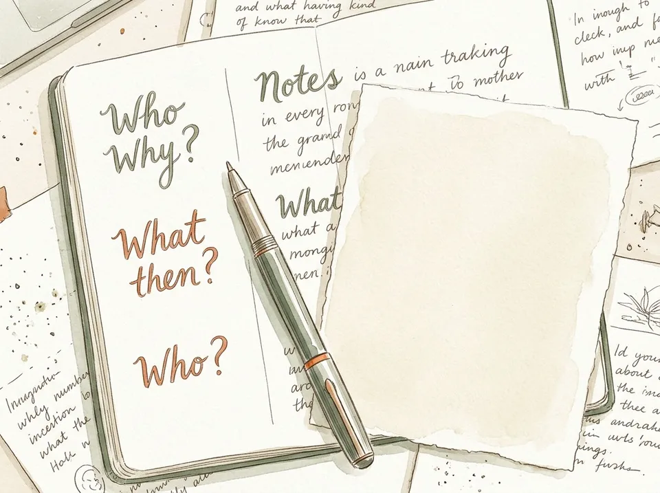 Step 12 of 15: Turn every heading into a question. A notebook margin where headings have been rewritten as short questions in a different pen