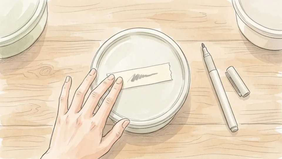 Step 11 of 15: Label every container with the date. A hand pressing a strip of masking tape onto the lid of a food container, with a marker pen lying on the worktop.