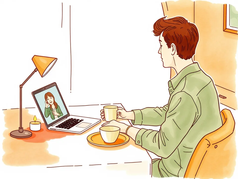 Step 9 of 12: Keep the core, change the form. A person sharing a candlelit meal over a video call from another city