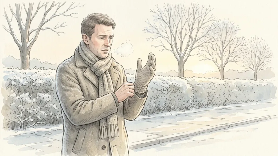 Step 13 of 15: Cover your hands in cold, dry air. A man in a coat and scarf on a frosty pavement pulling a woollen glove onto one hand, his breath visible in the cold air with bare trees behind him.