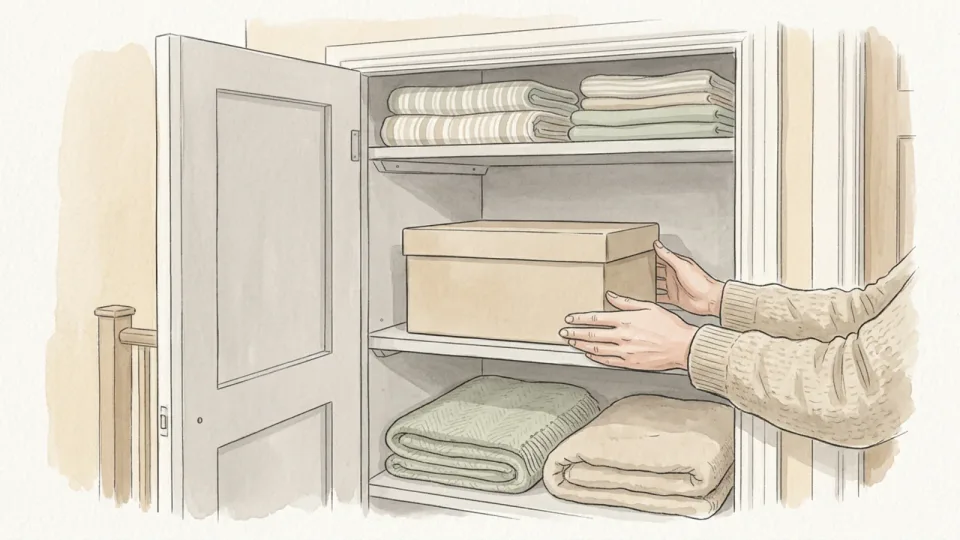Step 7 of 15: Pick a cool, dry, dark home for the collection. Hands setting a lidded storage box onto the middle shelf of an open airing cupboard, folded linen on the shelf above and blankets below.