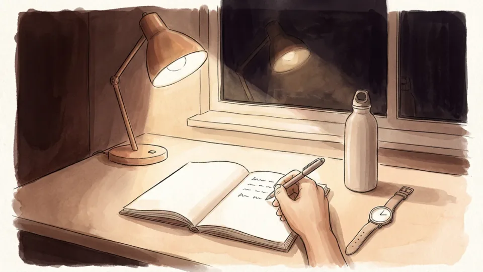 Step 13 of 15: Write down what actually happened. A hand writing a few lines in a notebook on a desk under a warm lamp, beside a water bottle and a plain watch.