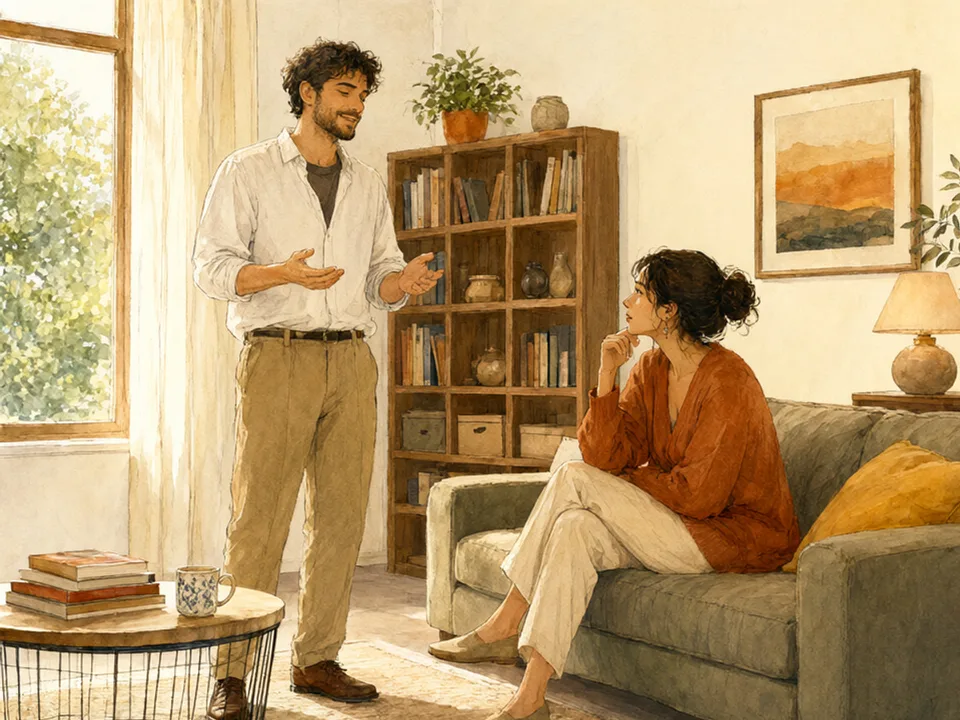Step 7 of 12: Explain it out loud to someone who does not know it. A person explaining a topic out loud to a friend sitting on a sofa