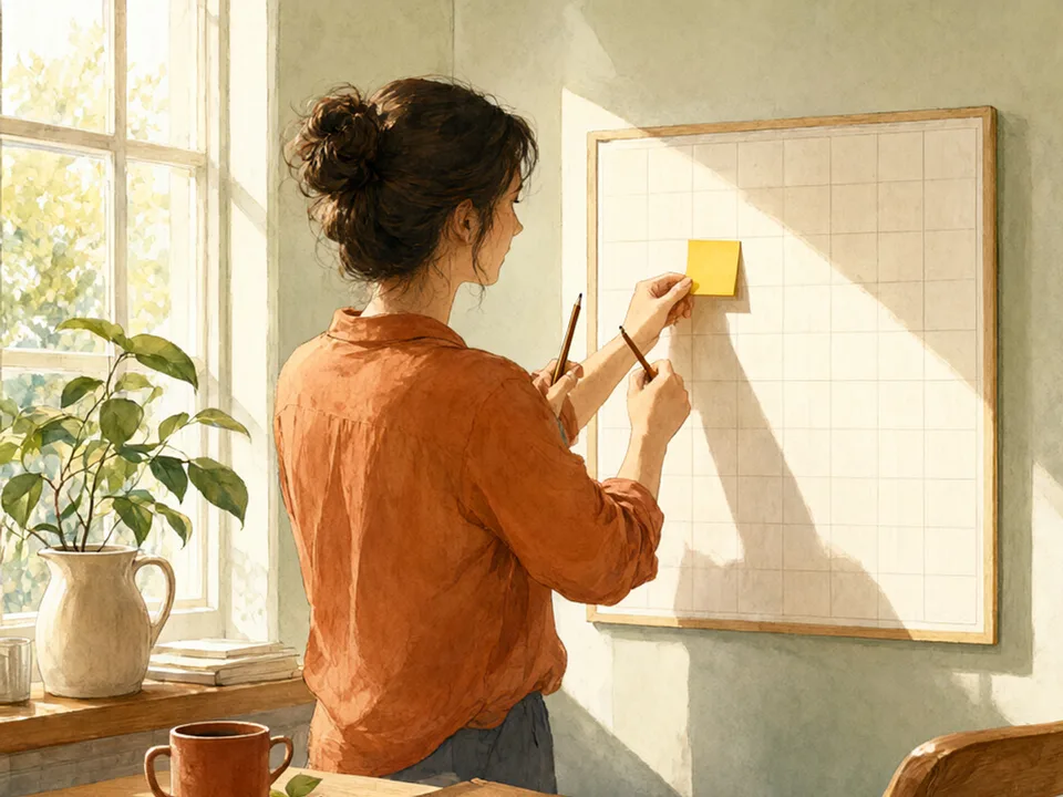 Step 2 of 12: Count the days you have, then halve them. A person placing a sticky note on a wall planner of blank squares