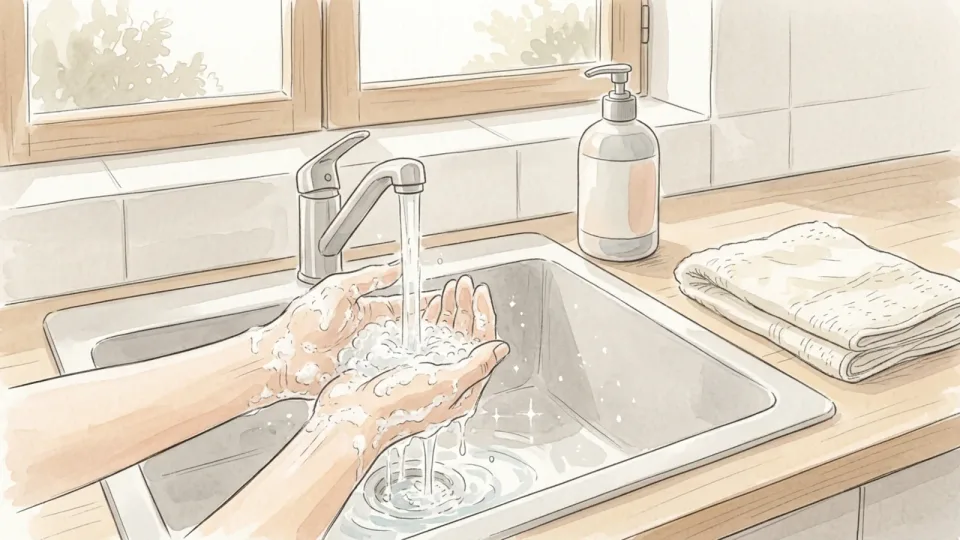 Step 5 of 15: Start with clean hands and clean surfaces. Soapy hands under a running tap at a kitchen sink, with a clean folded towel on the worktop beside it.
