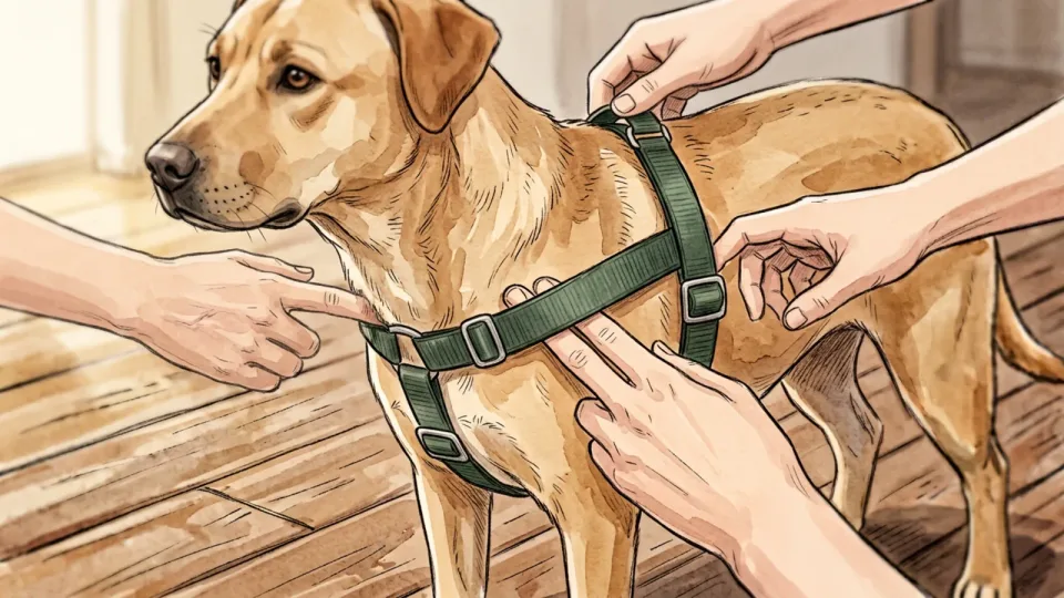 Step 2 of 15: Fit the collar or harness properly. Two people checking the fit of a green harness on a standing tan dog: two fingers slid flat under the chest strap, another hand steadying the webbing at the shoulder and a finger pointing at the buckle.