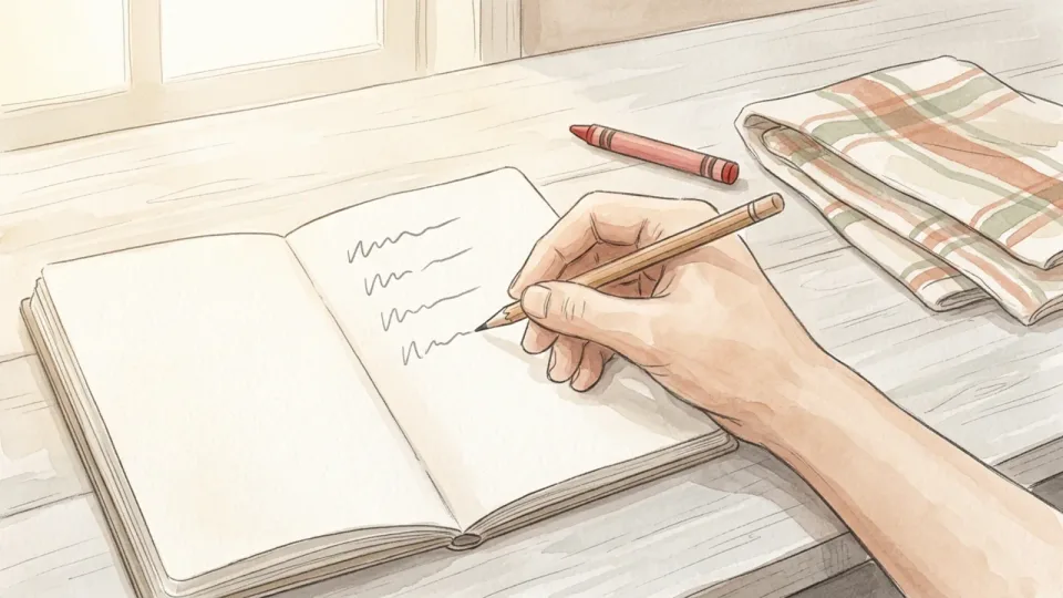 Step 5 of 15: Write a short agenda everyone can add to. A hand writing a short list in a small open notebook on a kitchen table, with a pencil and a child's crayon lying beside it.