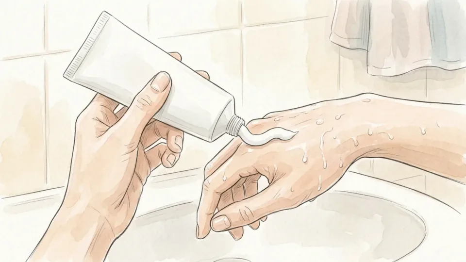 Step 5 of 15: Moisturise within seconds, not minutes. A thick ribbon of cream being squeezed from a plain tube onto the back of a damp hand held over a basin.